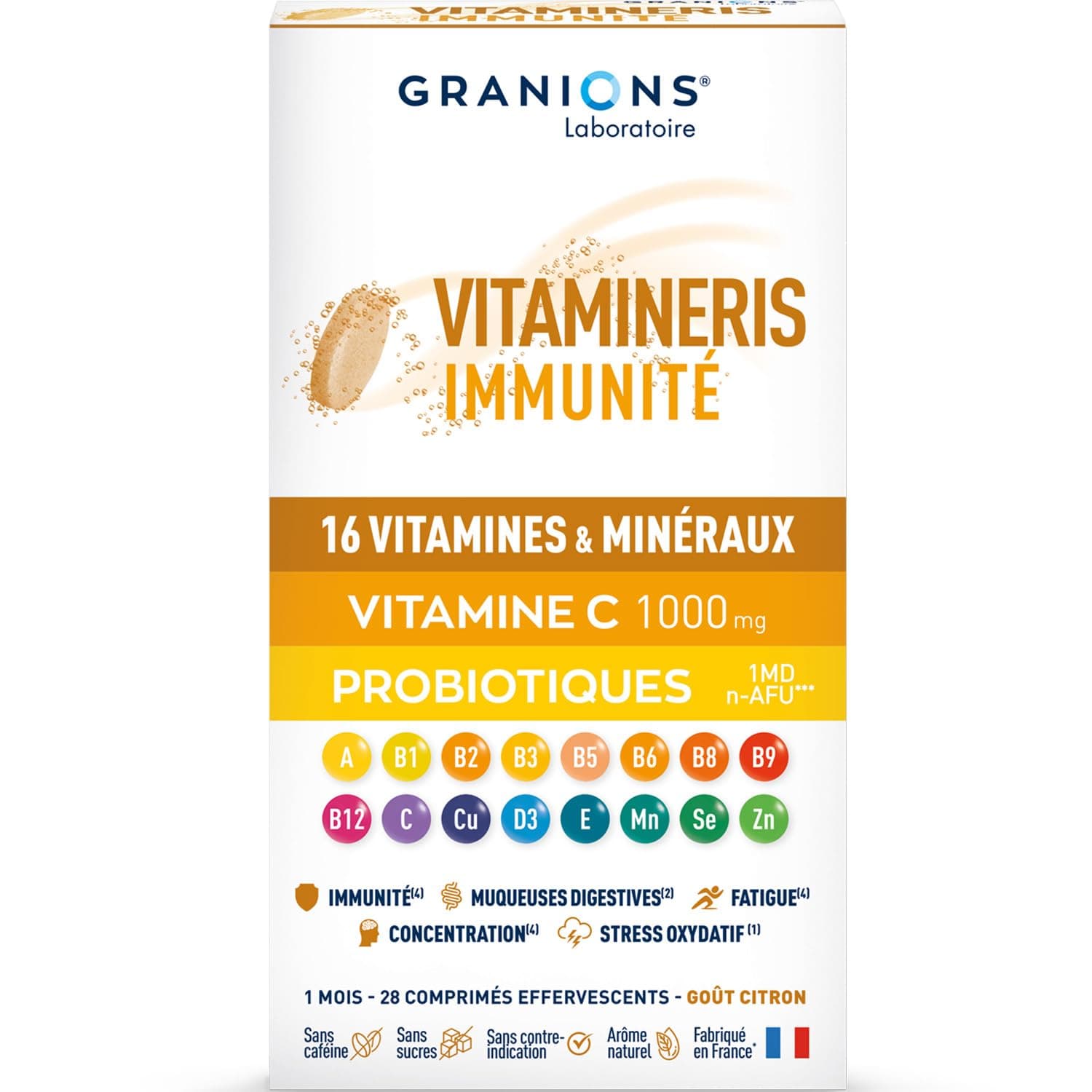GRANIONS VITAMINERIS IMMUNITE | Vitamine C 1000mg, Vitamine A, 16 Vitamines et Minéraux, Immunité et Santé, Concentratio
