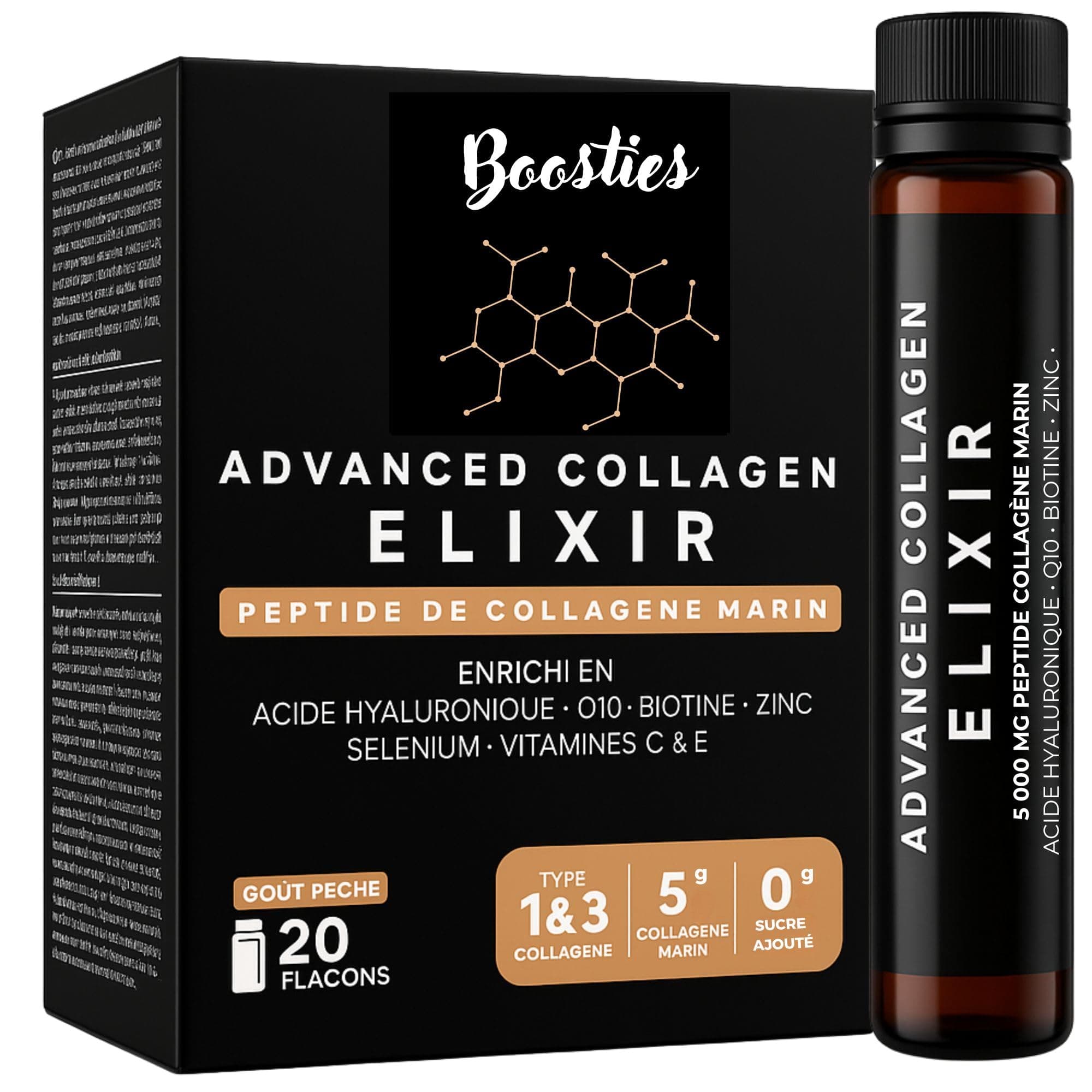 Collagene puissant 5000mg – 20 Shots Liquides Bio à Base d'Acide Hyaluronique, Vitamines C & E et Biotine pour Peau, Che