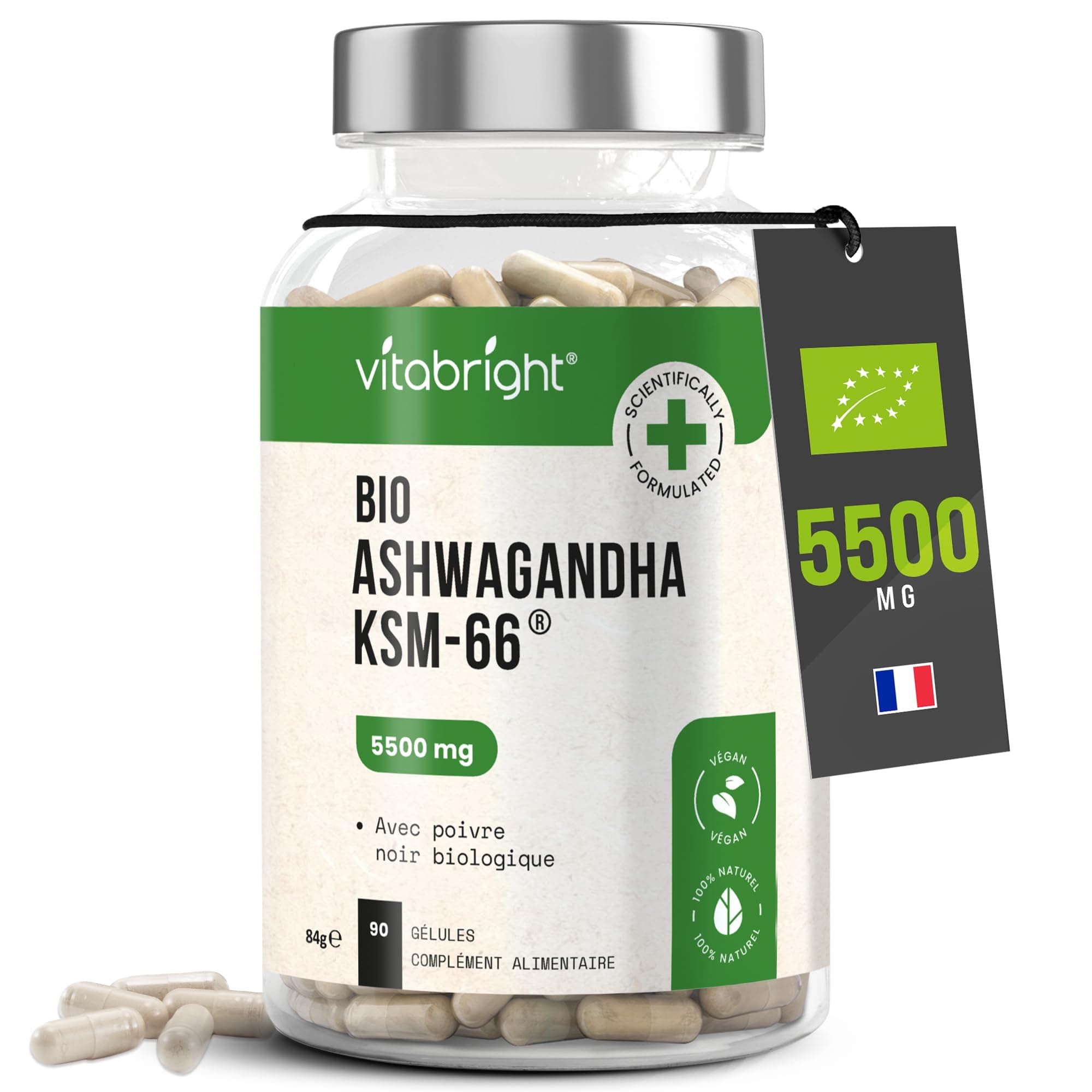 VitaBright Ashwagandha KSM-66 5% Withanolides 5500mg - 90 Jours Bio Vegan Anti-Stress pour Adultes, Conseils Antibes
A