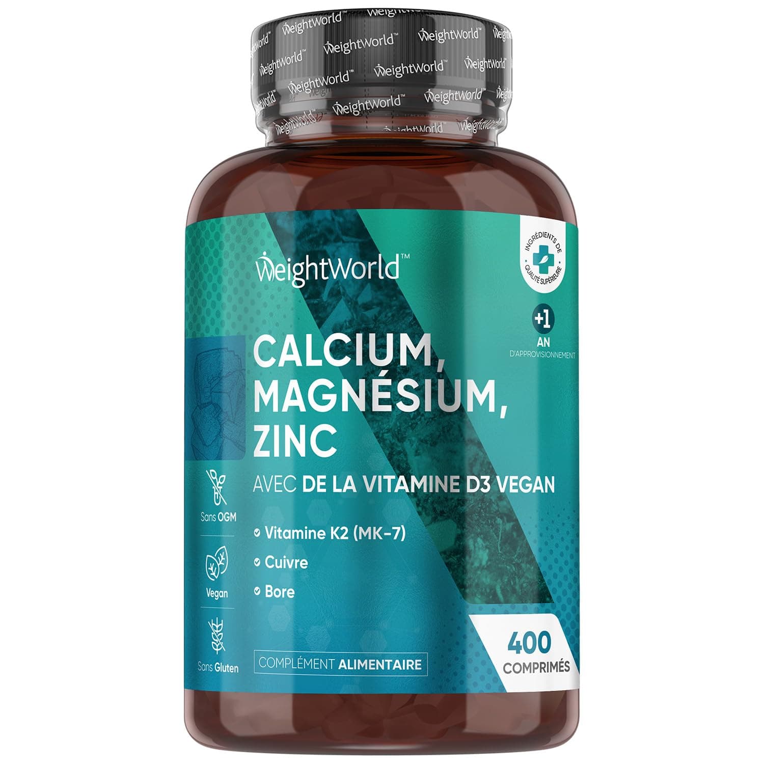 Calcium Magnésium Zinc Vitamine D3 K2 MK7 Vegan 400 Comprimés pour Ados et Adults - Multivitamines et Minéraux Forts en